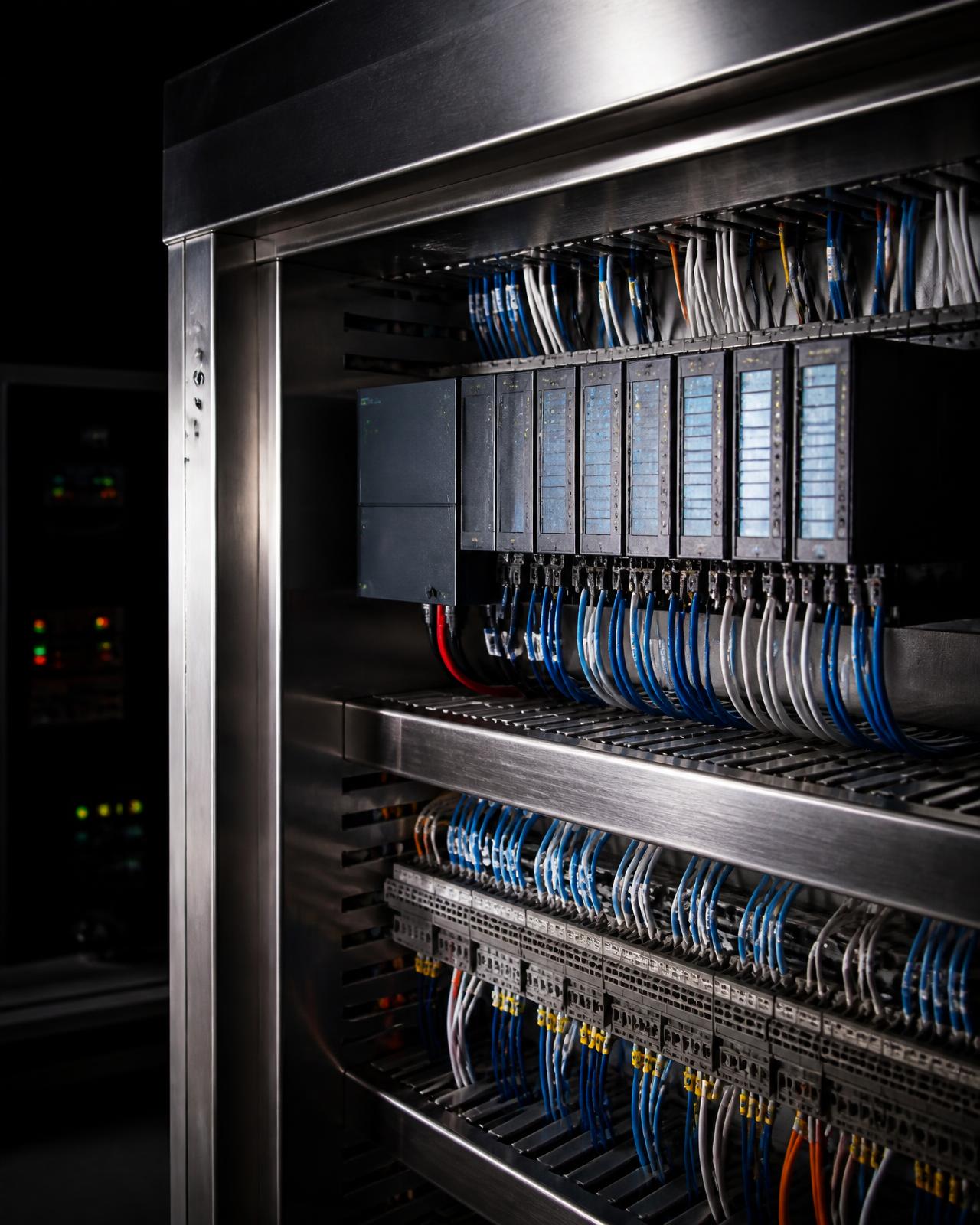 Industrial control panel with PLC and drive hardware